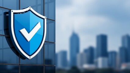 Blue shield with white checkmark on building with cityscape background skyscrapers 1