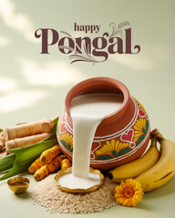 Happy Pongal Festival Poster with Traditional Pot, Sugarcane and Decorated Cows