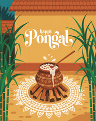 Happy Pongal Festival Poster with Traditional Pot, Sugarcane and Decorated Cows