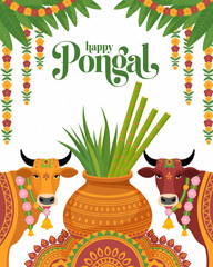 Happy Pongal Festival Poster with Traditional Pot, Sugarcane and Decorated Cows