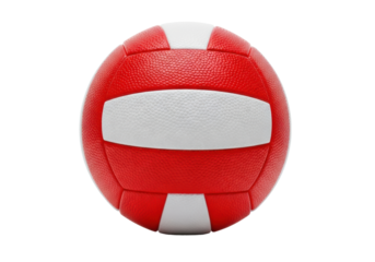regulation composite leather volleyball, bright signal red and white panels, featuring realistic pebble grain texture, captured in a high-key studio setting on white reflective flooring. concept for