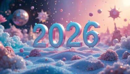 Fototapeta premium Vibrant 2026 New Year celebration in a dreamy snowy landscape