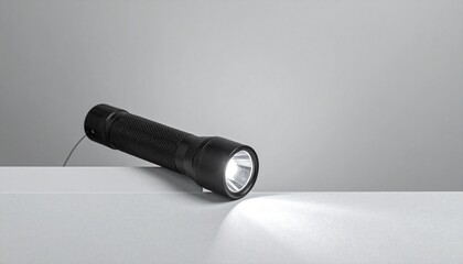 マットなニュートラルグレー背景にコンパクトな懐中電灯を端に配置。
柔らかく均一な照明で金属と樹脂の質感を自然に表現。