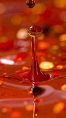 A vibrant close-up of a red liquid drop creating a splash column with a spherical top, surrounded by other drops and reflections.