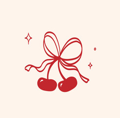 Minimal red illustration of a pair cherry with bow and elegant lines and sparkles in vintage style. Element is perfect for greeting cards, invitations, print, wedding, tattoo, packaging, advertising
