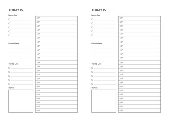 Minimal Daily Planner Template, Two Planners on A4 Page, Hourly Schedule, To-Do List, Notes and Reminders, Black and White Printable Productivity Organizer for Printing on Colored Paper