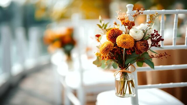 Autumnal floral arrangements on white chairs faceless outdoor ceremony decoration defocused fall background seasonal wedding setup elegant venue styling autumn celebration
