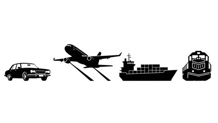 Diverse modes of transportation including a car, airplane, cargo ship, and train in a clean © Anak