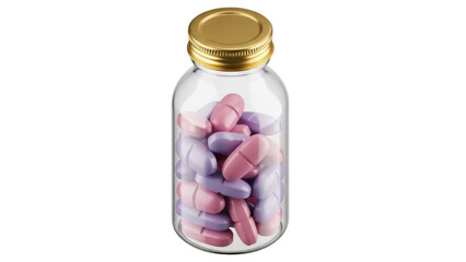 Glass jar with pink and purple pills isolated PNG, medicine bottle with capsules for healthcare and pharmaceutical concepts
