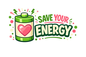 Save your energy: illustrated battery with heart emblem and energetic text design