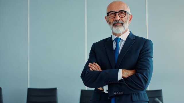 Confident Leader: A distinguished senior business person, radiating assurance and expertise, poses with crossed arms. Set against a sleek, modern background.