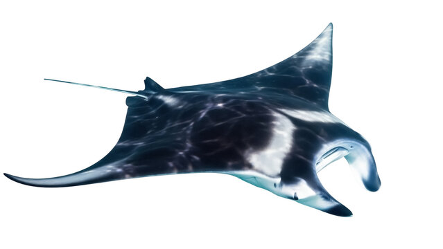 Graceful manta ray PNG isolated on transparent background, majestic marine creature with unique wing-like fins for ocean life designs
