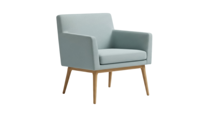 Modern light blue armchair isolated PNG, stylish lounge chair with wooden legs for living room or office furniture design element