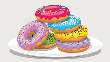 Colorful donut variety flat illustration with glaze and sprinkles, sweet snack concept isolated on clean background, ideal for dessert menus, cafés, and food promotions