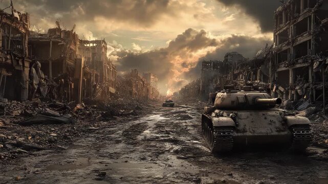 War-torn cityscape at dusk