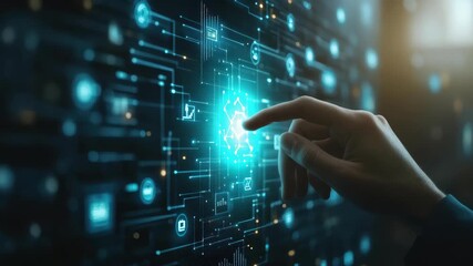 Technological Interface: A human hand interacts with a cutting-edge digital interface, embodying innovation and the future of technology, with a glowing circuit board background. - Powered by Adobe
