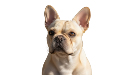 Adorable fawn French Bulldog puppy isolated PNG on transparent background, cute dog with big ears for pet-related designs and animal lovers