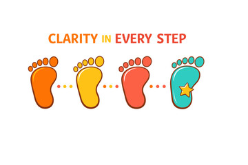Four colorful footprints with motivational quote about clarity and progress