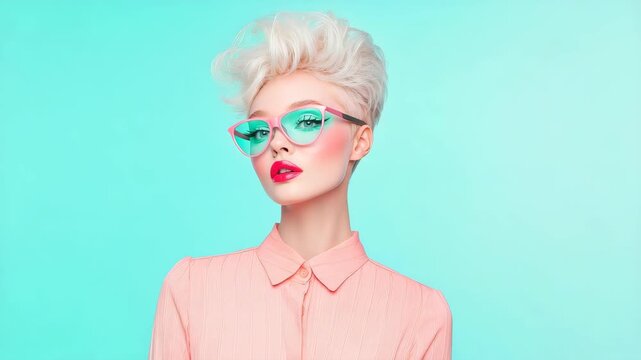 Stylish Portrait with Sunglasses: A chic model flaunts a bold hairstyle and trendy sunglasses, exuding confidence and a unique sense of fashion against a vibrant backdrop.