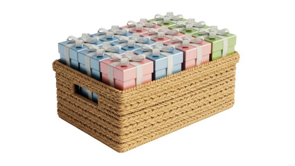 Obraz premium Pastel gift boxes with silver ribbons in woven basket isolated PNG, presents for birthdays and special occasions on transparent background