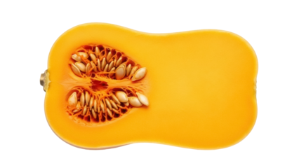 Butternut squash half isolated PNG, vibrant orange vegetable with seeds on transparent background for cooking and healthy eating