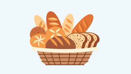 Bread basket flat illustration with assorted rolls and slices, bakery assortment concept isolated on clean background, ideal for restaurant menus, bakery branding, and food graphics