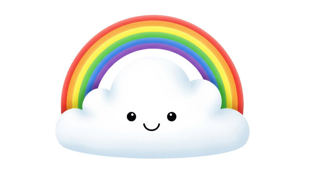 Cute cloud with rainbow isolated PNG, cartoon weather element on transparent background Happy cloud with colorful rainbow for kids design