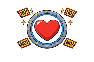 Heart surrounded by no signs inside a circular frame with exclamation marks