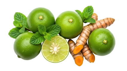 Fresh green limes with mint and turmeric isolated PNG, healthy citrus fruits and spices on...