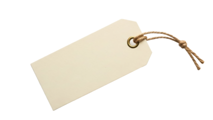 Blank beige tag isolated PNG with brown string, price tag for retail, product label for branding and marketing, on transparent background