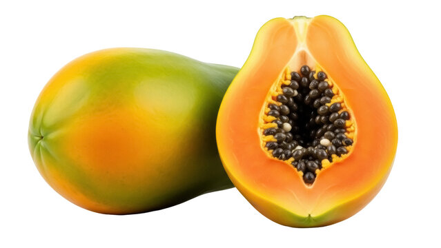 Ripe papaya fruit PNG isolated, one whole and one half with seeds, tropical fruit for healthy eating and exotic cuisine