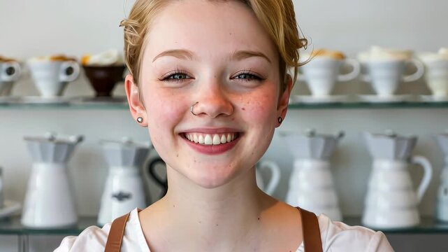 Smiling Barista's Warm Welcome: A friendly barista radiates warmth and hospitality, smiling brightly amidst the inviting ambiance of a modern cafe, creating an atmosphere of comfort and connection.