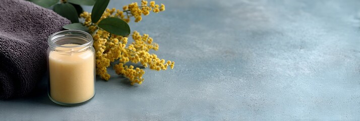 Jar of lotion sits on a table next to a towel and a bunch of yellow flowers