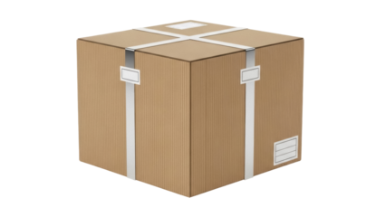 Cardboard box with tape isolated PNG, brown corrugated container for shipping and storage on transparent background