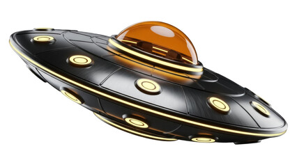 Black UFO flying saucer PNG isolated on transparent background, alien spaceship with orange dome for science fiction and space exploration © Roxana