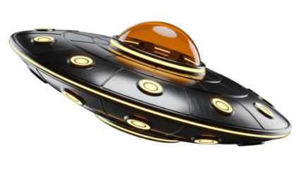 Black UFO flying saucer PNG isolated on transparent background, alien spaceship with orange dome for science fiction and space exploration