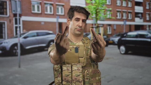 Man soldier wearing camouflage vest and dog tags flipping middle fingers on a street by brick apartment buildings; defiance protest.