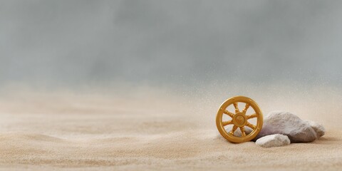 Gold wheel is sitting on a sandy beach