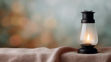 Candle is lit in a glass lantern on a table