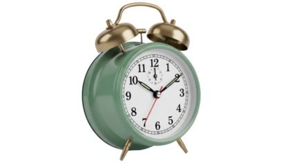 Green vintage alarm clock isolated PNG on transparent background, retro timepiece for morning wake-up and time management