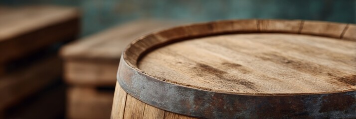 Fototapeta premium Wooden barrel with a metal band around it