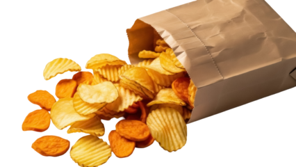 Crispy rippled potato chips spilling from a brown paper bag isolated PNG, salty snack on transparent background for food design