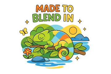 Obraz premium Colorful chameleon on branch with nature elements and blending message