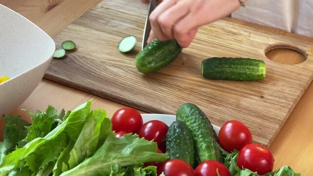 Fresh Vegetables Preparation: Slicing Cucumbers and Tomatoes