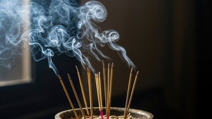 Burning incense sticks with swirling white smoke. Spiritual meditation and aromatherapy concept on black background. Copy space