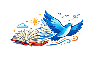 Blue dove soaring from open book with sun clouds and paper airplane