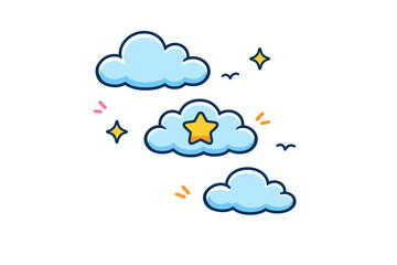 Obraz premium Whimsical cartoon clouds and stars on clear sky background