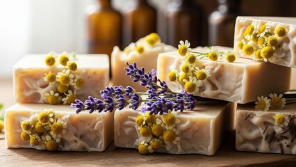 Handmade soap with chamomile and lavender flowers