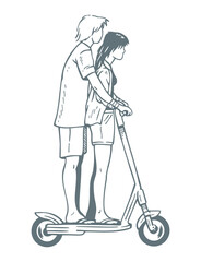 Hand-drawn illustration of a couple on an electric scooter.