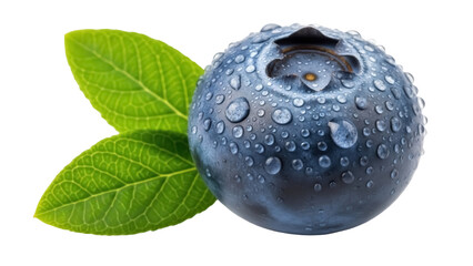 Fresh blueberry with water droplets isolated PNG, vibrant blue fruit with green leaves on transparent background for healthy eating concepts